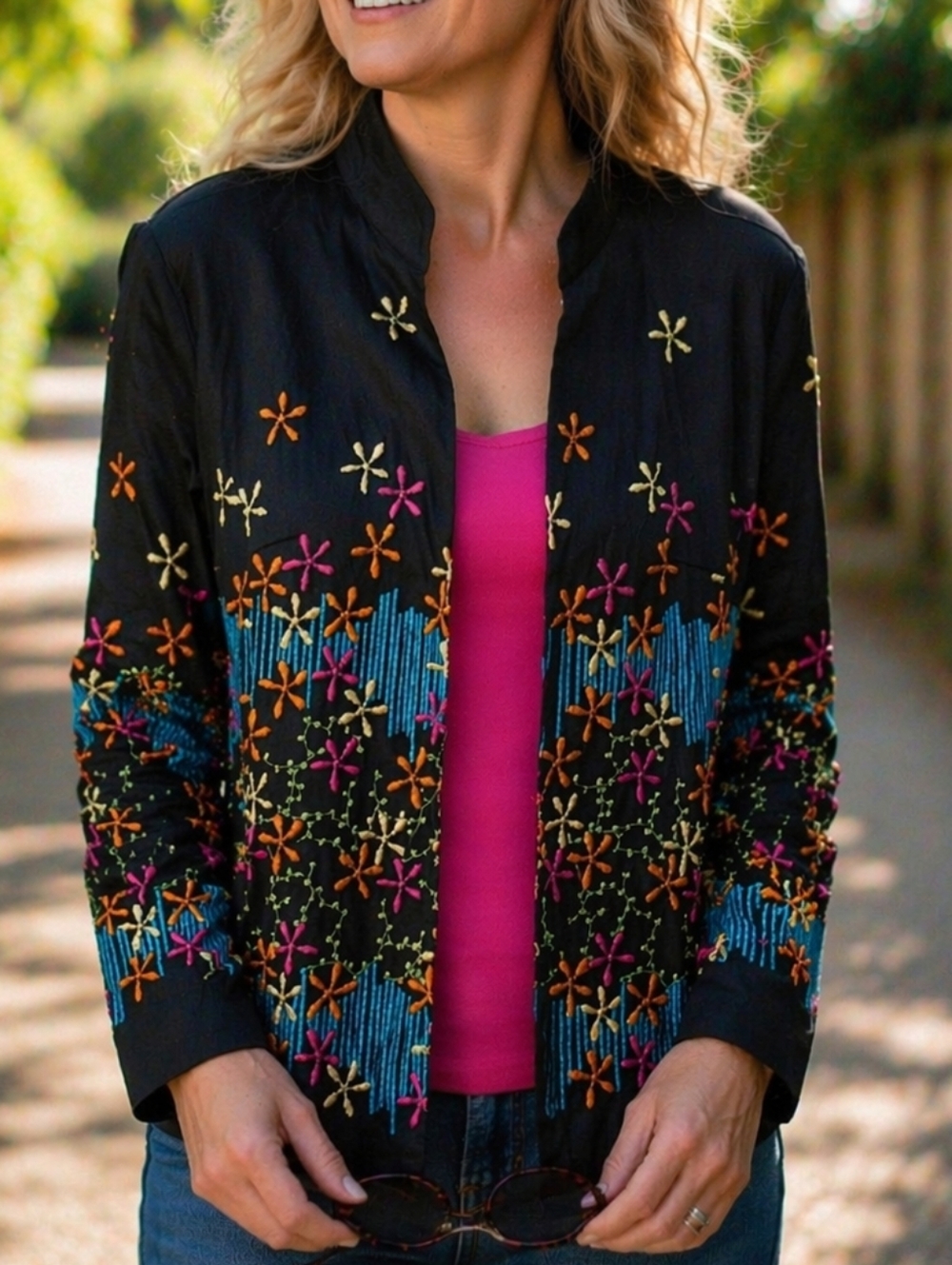 Vintage Joni B Black Floral Embroidered Jacket Pink Lining Boho Statement Blazer